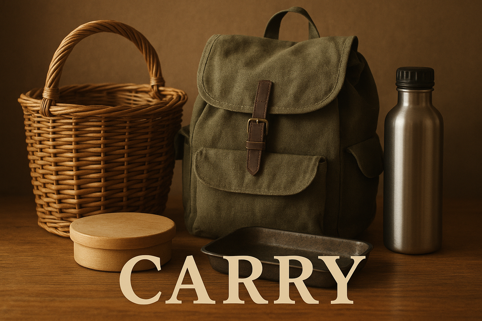 Carry category icon showing bags, baskets, and transport tools in a rustic utilitarian style