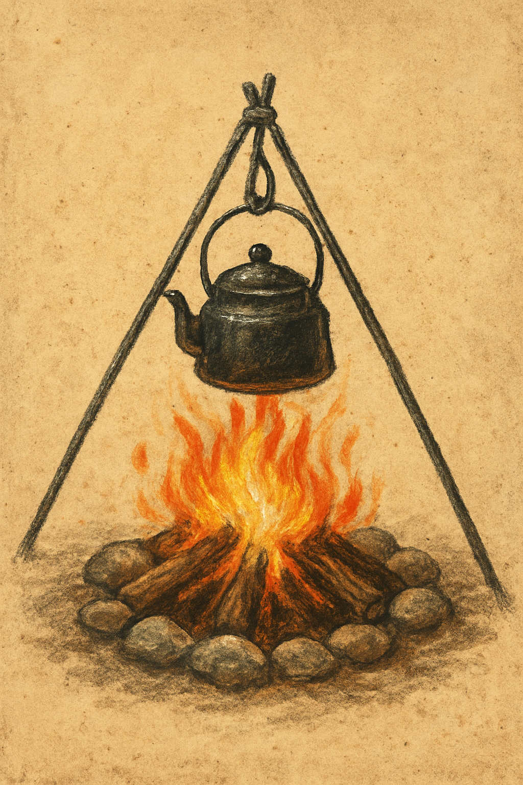 Fuel category icon showing lanterns, fire-starting materials, and off-grid heating goods in a rustic style.