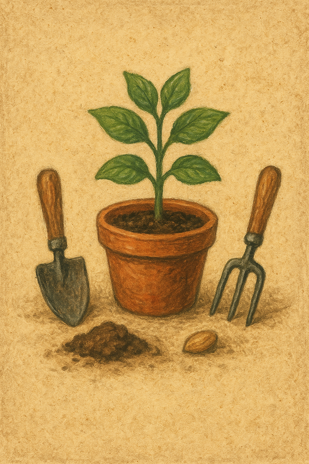 Grow category icon featuring plants, gardening tools, and soil materials in an old-fashioned homestead style