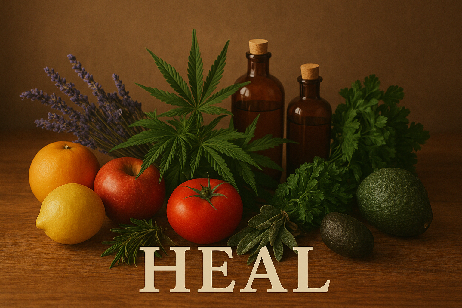 Heal category icon featuring herbal remedies, first-aid tools, and wellness supplies in a natural, old-world style